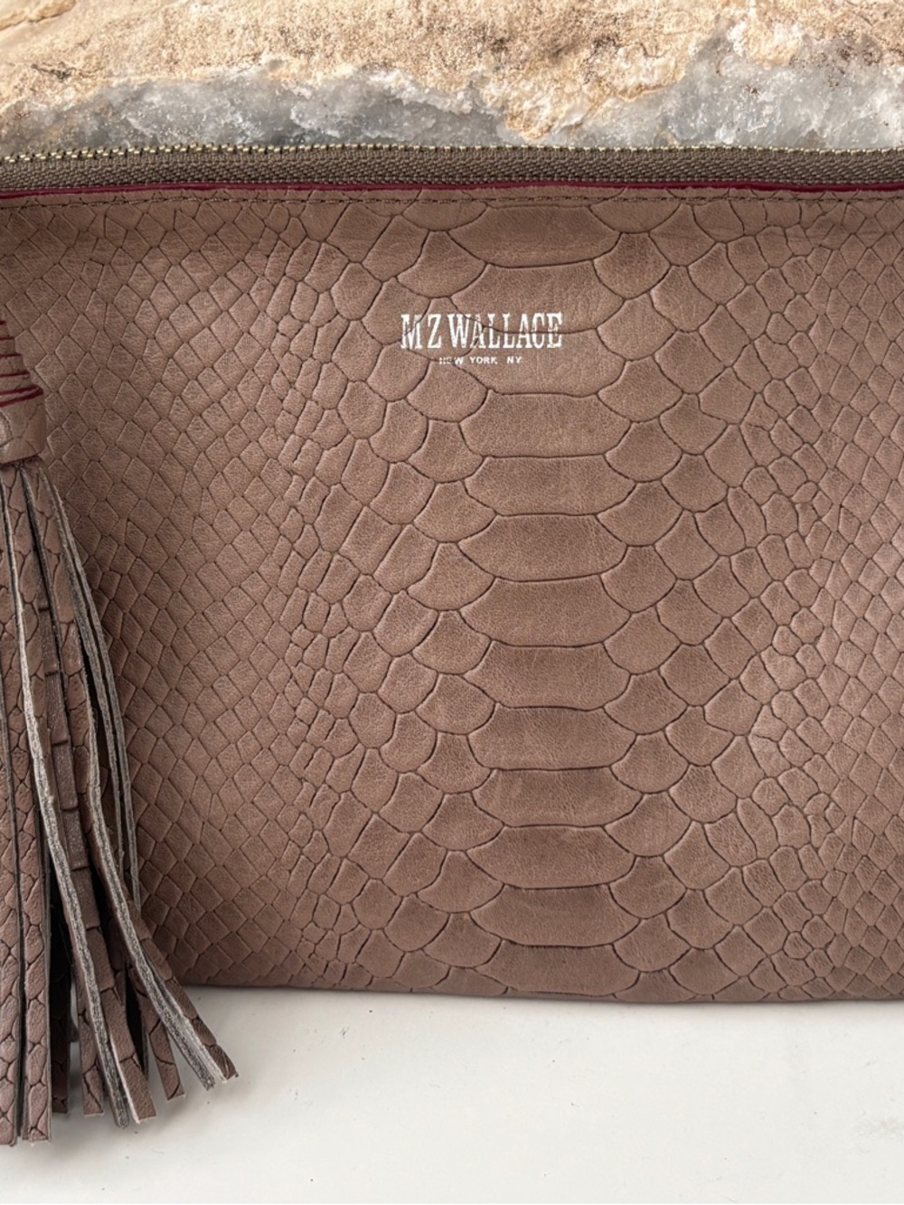 MZ Wallace Taupe Python-Embossed Clutch with Tassel